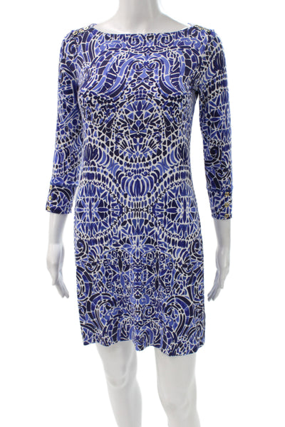 Lilly Pulitzer Women Shift Dress Blue Geometric Boat Neck 3/4 Sleeve Size XS