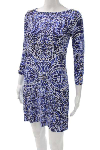 Lilly Pulitzer Women Shift Dress Blue Geometric Boat Neck 3/4 Sleeve Size XS
