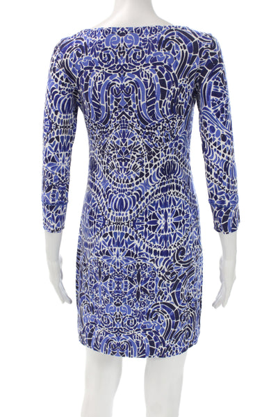 Lilly Pulitzer Women Shift Dress Blue Geometric Boat Neck 3/4 Sleeve Size XS