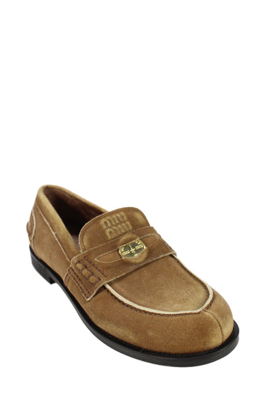 Miu Miu Womens Suede Gold Tone Slide On Loafers Brown Size 38.5 8.5