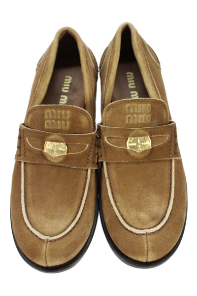 Miu Miu Womens Suede Gold Tone Slide On Loafers Brown Size 38.5 8.5