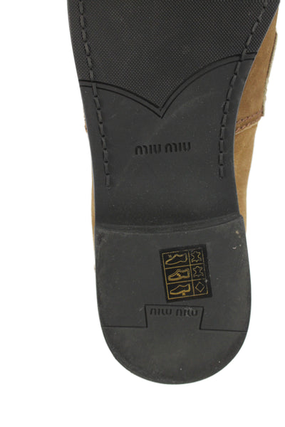 Miu Miu Womens Suede Gold Tone Slide On Loafers Brown Size 38.5 8.5