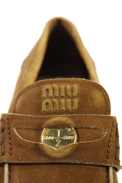 Miu Miu Womens Suede Gold Tone Slide On Loafers Brown Size 38.5 8.5