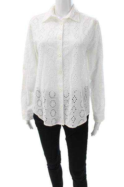 Zara Womens Boho Geometric Collared Long Sleeve Button-Up Top White Size XS