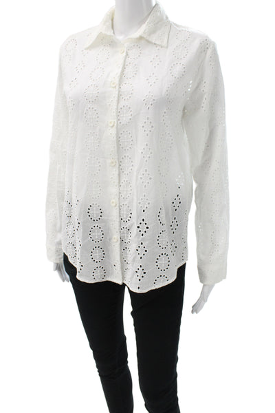 Zara Womens Boho Geometric Collared Long Sleeve Button-Up Top White Size XS