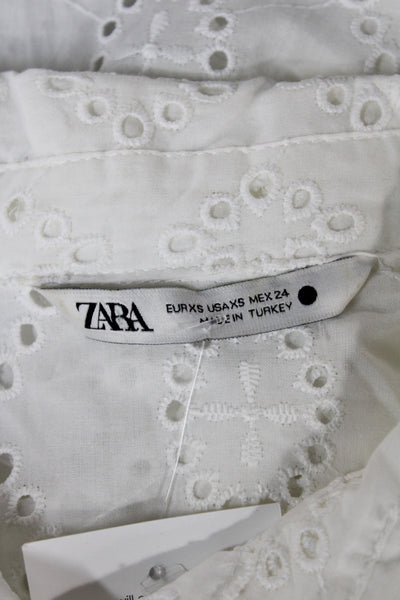 Zara Womens Boho Geometric Collared Long Sleeve Button-Up Top White Size XS