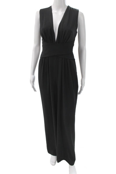 Halston Womens Jumpsuit Black V-Neck Sleeveless Tie Waist Polyester Size 4