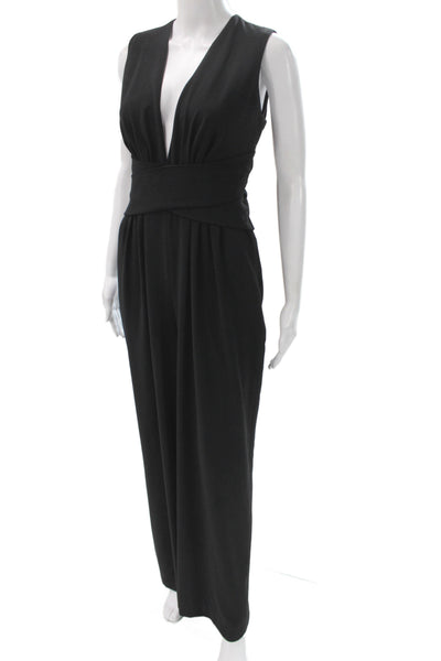 Halston Womens Jumpsuit Black V-Neck Sleeveless Tie Waist Polyester Size 4