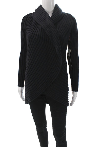 525 America Women Ribbed Knit Cowl Neck Cardigan Black Long Sleeve Size S
