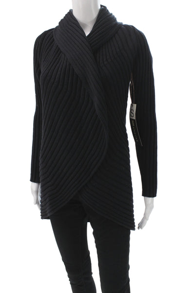 525 America Women Ribbed Knit Cowl Neck Cardigan Black Long Sleeve Size S