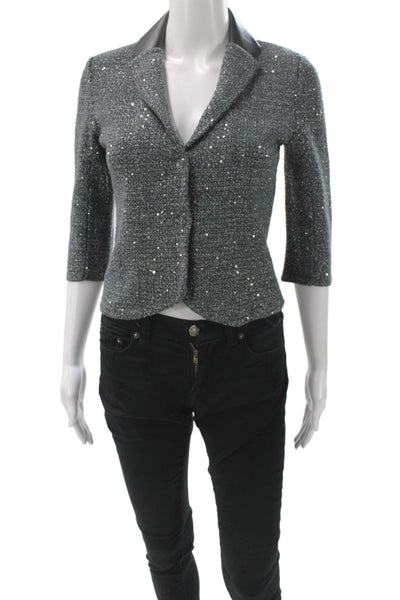 Elie Tahari Women Basic Jacket Gray 3/4 Sleeve Button Sparkly Size XS