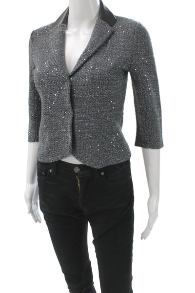 Elie Tahari Women Basic Jacket Gray 3/4 Sleeve Button Sparkly Size XS