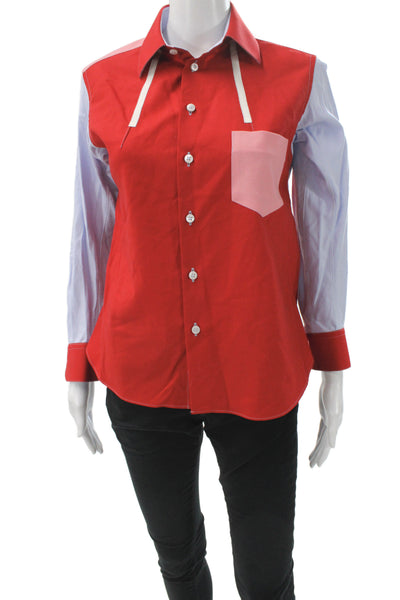 Shiro Sakai Women Red Colorblock Collared Wool Button-Up Long Sleeve Size M