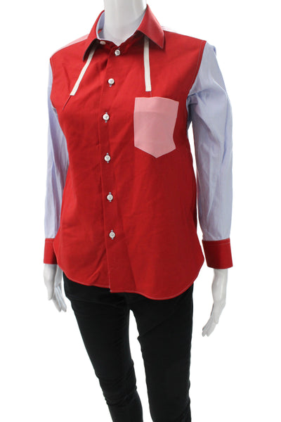 Shiro Sakai Women Red Colorblock Collared Wool Button-Up Long Sleeve Size M