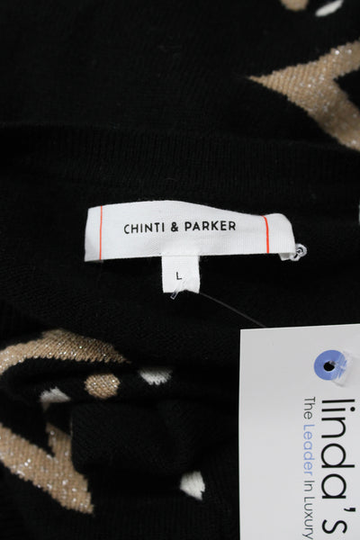 Chinti & Parker Women Pullover Sweater Black Geometric Crew Neck Wool Size L