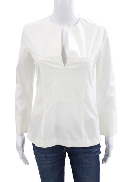 Derek Lam Women Basic White V-Neck Long Sleeve Zip Blouse Size 2