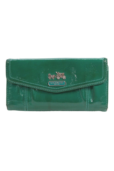 Coach Womens Patent Leather Snapped Buttoned Flapped Wallet Green