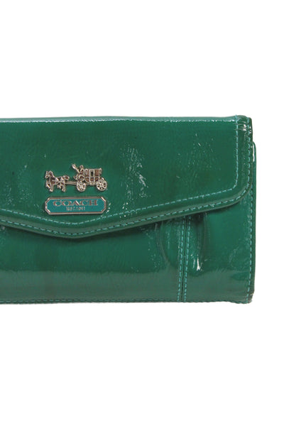 Coach Womens Patent Leather Snapped Buttoned Flapped Wallet Green