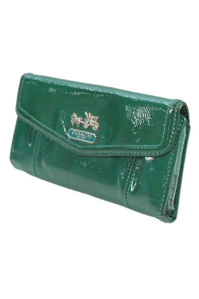 Coach Womens Patent Leather Snapped Buttoned Flapped Wallet Green