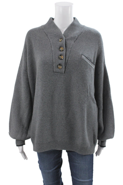 Lunya Womens Henley Sweater Gray Collared Long Sleeve Knit Size XL