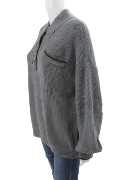 Lunya Womens Henley Sweater Gray Collared Long Sleeve Knit Size XL