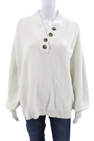 Lunya Women Henley Sweater Ivory Collared Long Sleeve Organic Cotton Size L