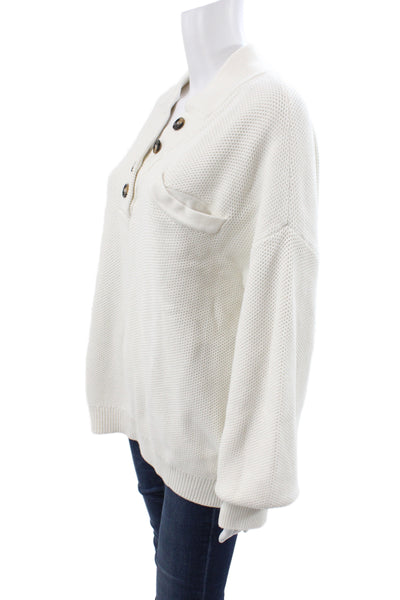 Lunya Women Henley Sweater Ivory Collared Long Sleeve Organic Cotton Size L