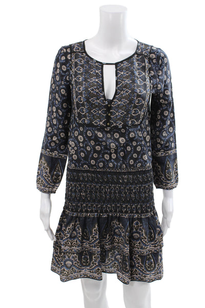 Veronica Beard Women Black Silk V-Neck Floral Midi Dress Long Sleeve Size 2