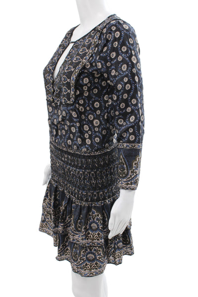 Veronica Beard Women Black Silk V-Neck Floral Midi Dress Long Sleeve Size 2