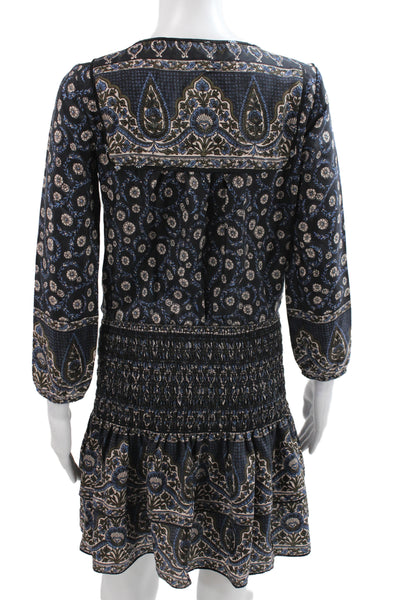 Veronica Beard Women Black Silk V-Neck Floral Midi Dress Long Sleeve Size 2