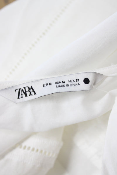 Zara Women Basic White Round Neck Button Long Sleeve Blouse Size M