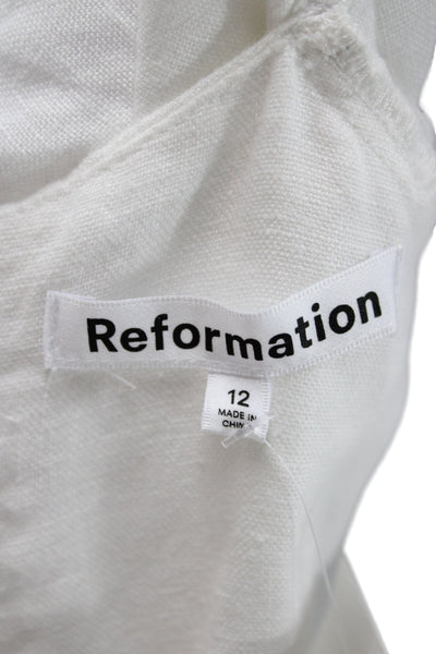 Reformation Womens Midi Dress White Linen Square Neck Short Sleeve Size 12