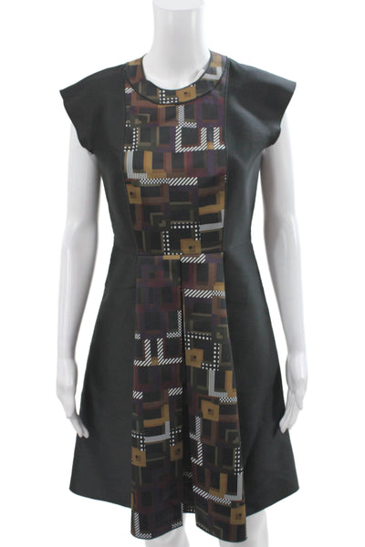 Longchamp Women Shift Dress Black Short Sleeve Round Neck Geometric Zip Size S