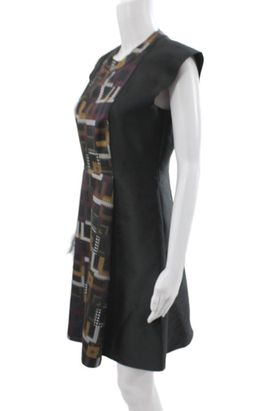 Longchamp Women Shift Dress Black Short Sleeve Round Neck Geometric Zip Size S