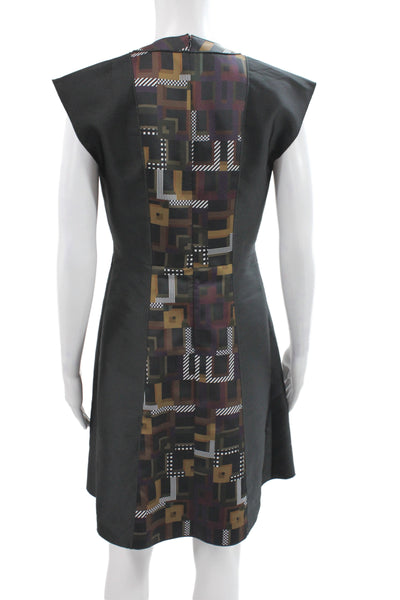 Longchamp Women Shift Dress Black Short Sleeve Round Neck Geometric Zip Size S