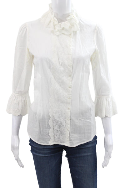 Anne Fontaine Womens High Neck 3/4 Sleeve Cotton Blouse White Size 38