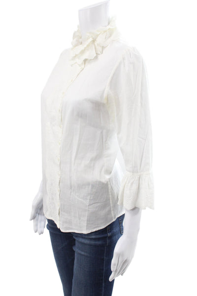 Anne Fontaine Womens High Neck 3/4 Sleeve Cotton Blouse White Size 38