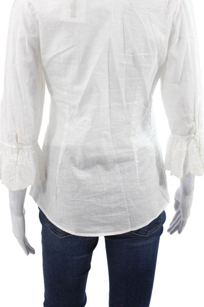 Anne Fontaine Womens High Neck 3/4 Sleeve Cotton Blouse White Size 38