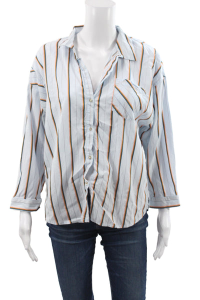 Cotelac Women Striped Collared Button-Up Long Sleeve Top Blue Size 2