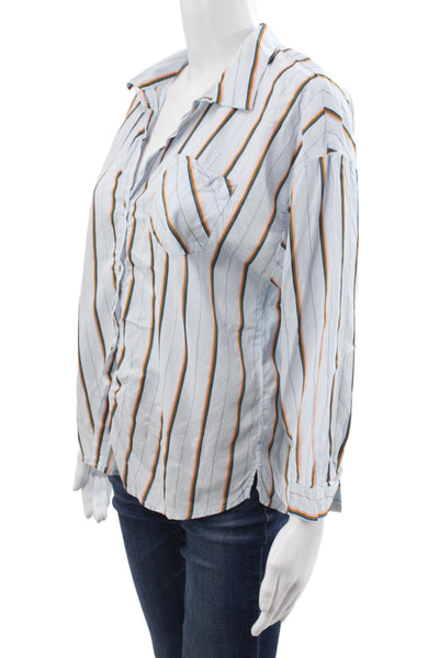 Cotelac Women Striped Collared Button-Up Long Sleeve Top Blue Size 2