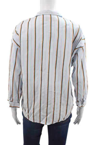 Cotelac Women Striped Collared Button-Up Long Sleeve Top Blue Size 2