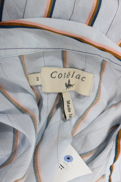 Cotelac Women Striped Collared Button-Up Long Sleeve Top Blue Size 2