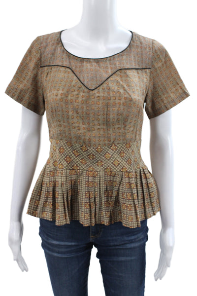 Cotelac Women Basic Geometric Scoop Neck Short Sleeve Beige Blouse Size 0