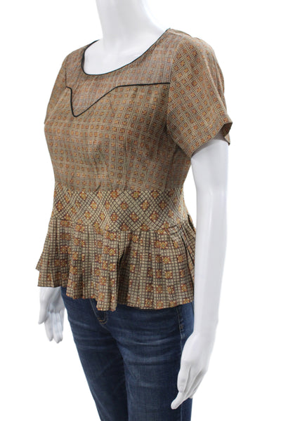 Cotelac Women Basic Geometric Scoop Neck Short Sleeve Beige Blouse Size 0