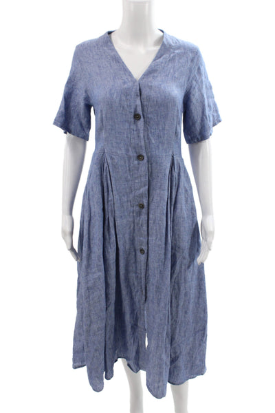 Fabiana Filippi Women Blue Linen Shirt Dress V Neck Short Sleeve Midi Size L
