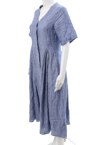 Fabiana Filippi Women Blue Linen Shirt Dress V Neck Short Sleeve Midi Size L