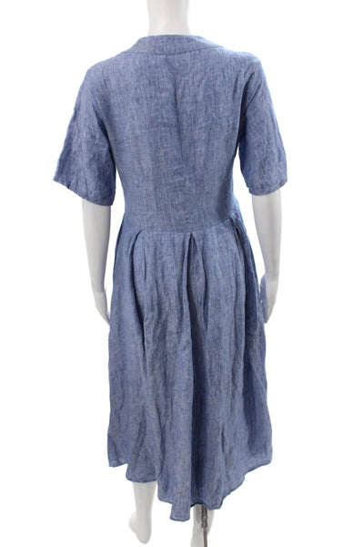 Fabiana Filippi Women Blue Linen Shirt Dress V Neck Short Sleeve Midi Size L