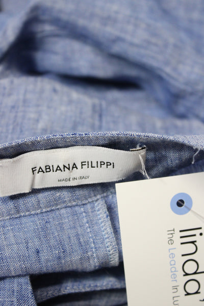 Fabiana Filippi Women Blue Linen Shirt Dress V Neck Short Sleeve Midi Size L