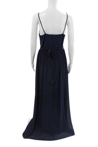 Badgley Mischka Women Maxi Dress Blue Sleeveless Scoop Neck Tie Waist Size 4