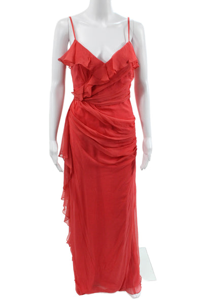Badgley Mischka Womens Maxi Dress Red Silk V-Neck Sleeveless Long Zip Size 4